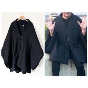 Moyuru Japan Unisex Gender Neutral Black Flared Swing Poncho Puff Zip Front Coat